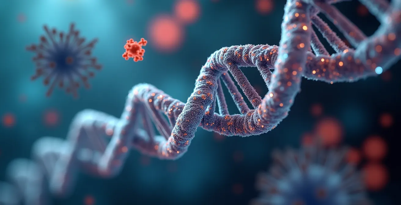 Conceptual visualization of cellular aging mechanisms like telomere shortening and DNA damage