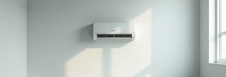 Editorial photograph of a sleek HVAC unit installed in a modern living room, with clean lines and negative space