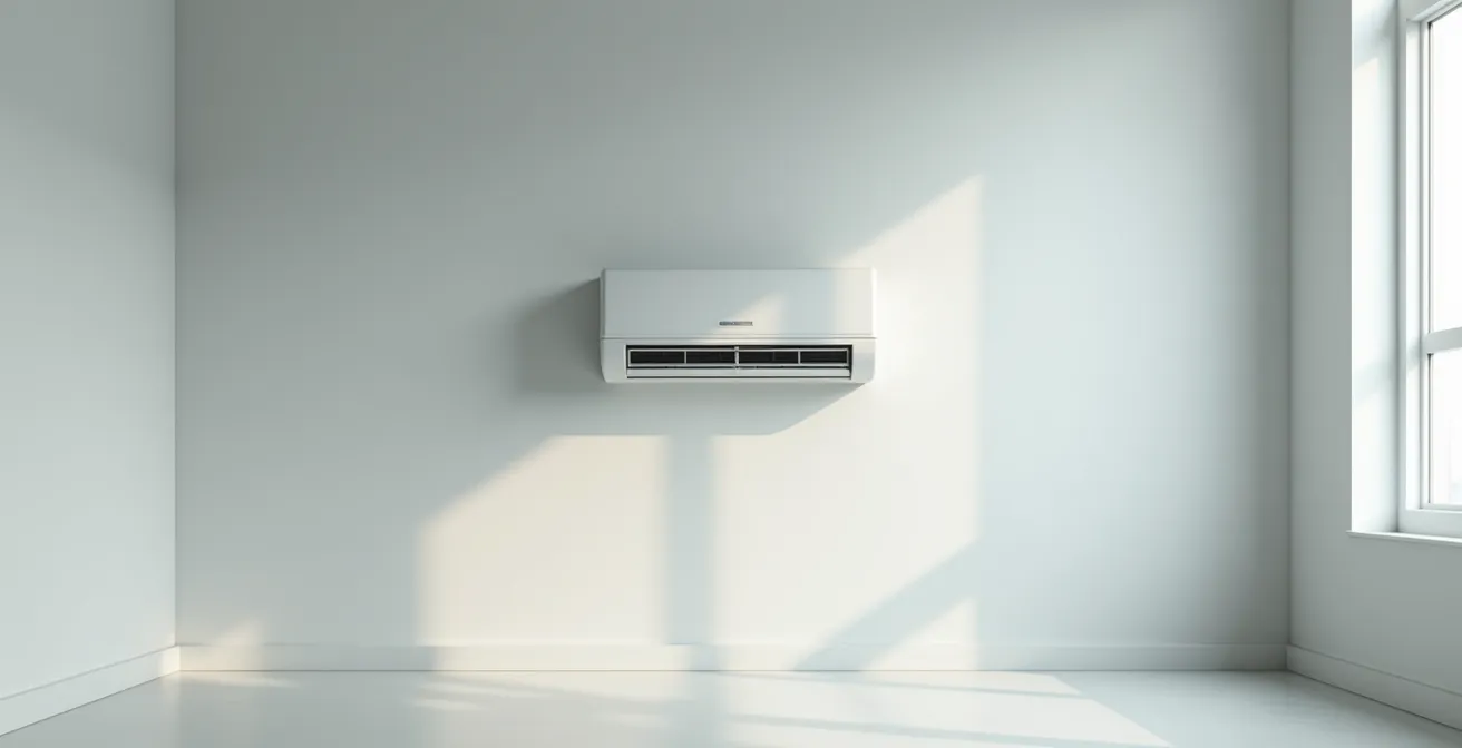 Editorial photograph of a sleek HVAC unit installed in a modern living room, with clean lines and negative space