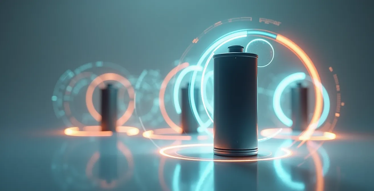 Abstract visualization of battery lifecycle stages: first-life electric vehicle use, second-life stationary storage application, and recycling process