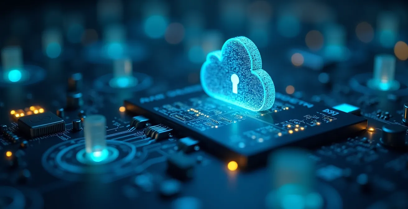 Macro shot of security equipment with digital cloud and data visuals in a modern startup workspace, symbolizing cybersecurity and cloud infrastructure.