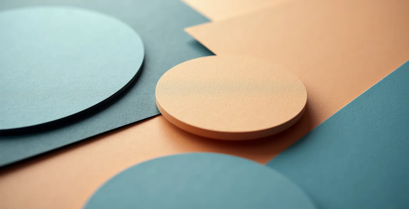Abstract symbolic image representing strategy and evaluation with layered geometric shapes and patterns in soft, muted colors.