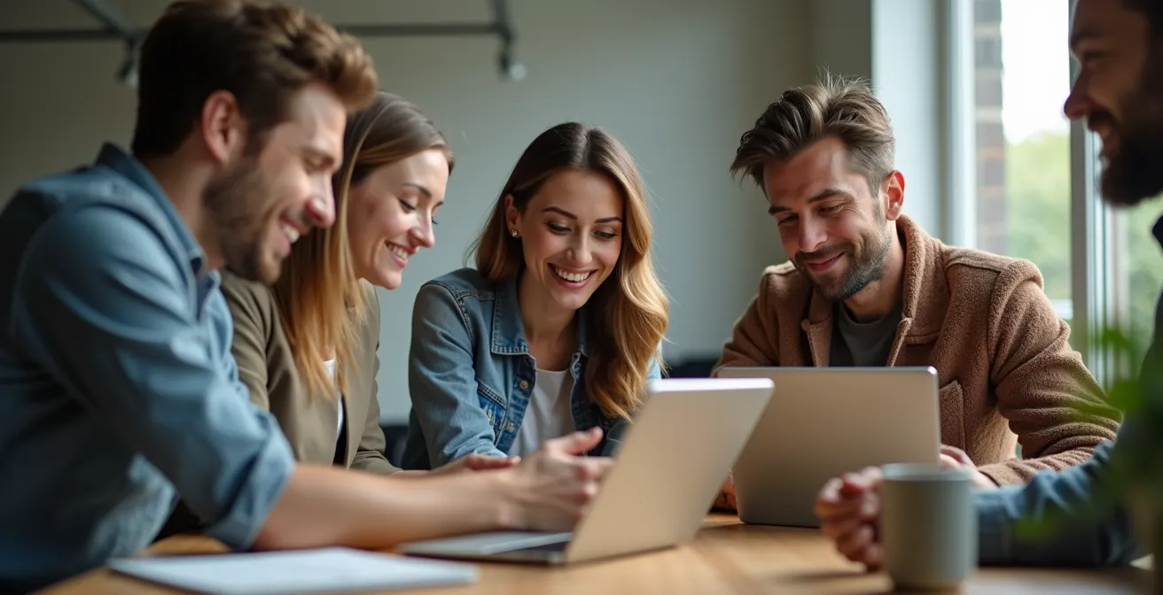 A candid moment of a small startup team in discussion around digital devices, showcasing human engagement and collaborative energy.