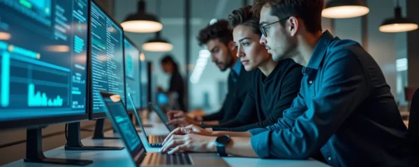 A modern, clean office space with diverse young professionals collaborating around advanced digital screens and devices, showcasing innovative ICT technology with natural lighting and a composition following the rule of thirds.