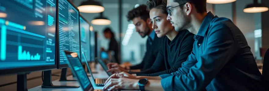 A modern, clean office space with diverse young professionals collaborating around advanced digital screens and devices, showcasing innovative ICT technology with natural lighting and a composition following the rule of thirds.