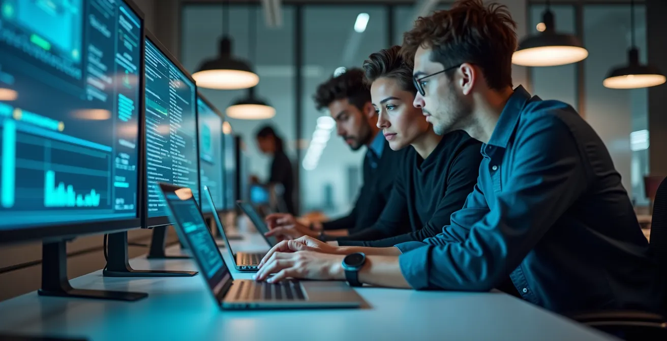 A modern, clean office space with diverse young professionals collaborating around advanced digital screens and devices, showcasing innovative ICT technology with natural lighting and a composition following the rule of thirds.
