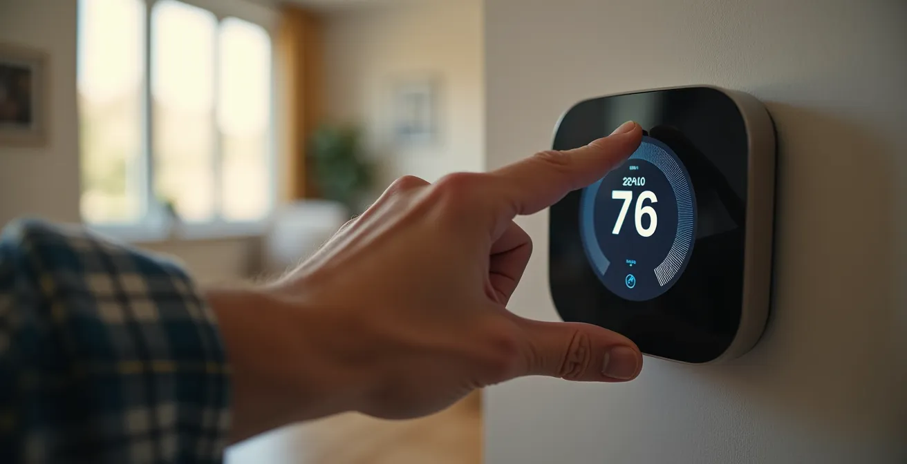 Wide shot of hands adjusting a thermostat on a wall with blurred modern interior