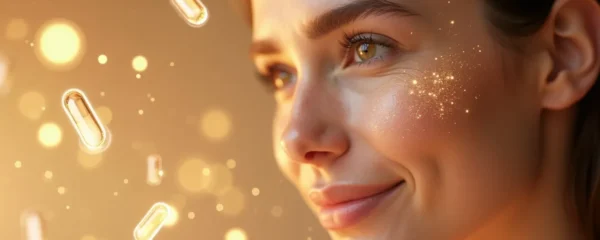 Conceptual artistic representation of youthful skin rejuvenation with anti-aging supplements