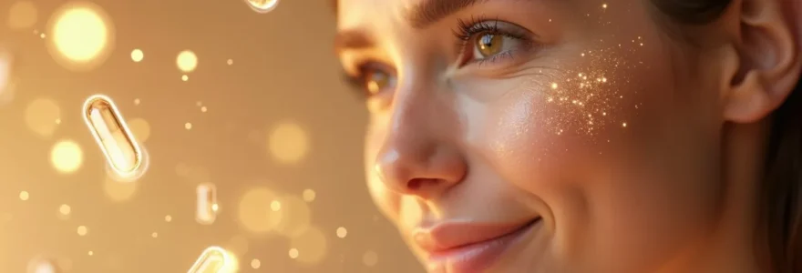 Conceptual artistic representation of youthful skin rejuvenation with anti-aging supplements