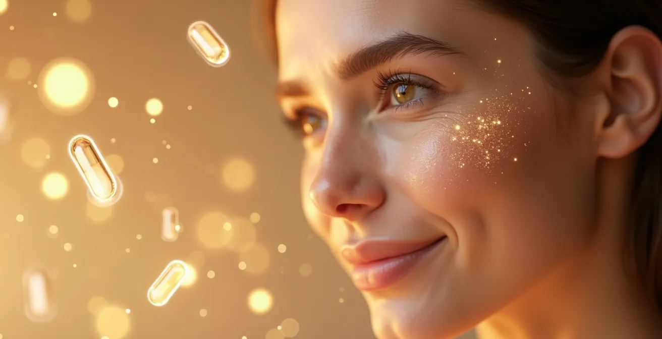 Conceptual artistic representation of youthful skin rejuvenation with anti-aging supplements