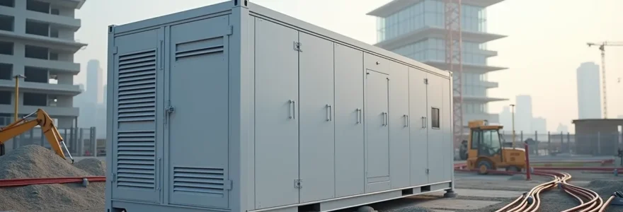 Modern urban construction site with integrated mobile battery energy storage and renewable energy systems powering green building development