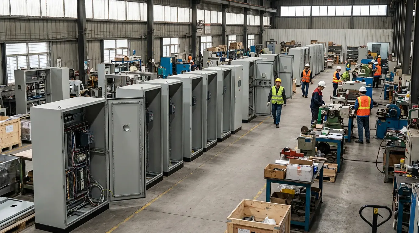 Row of industrial electrical enclosures at different production stages on factory floor
