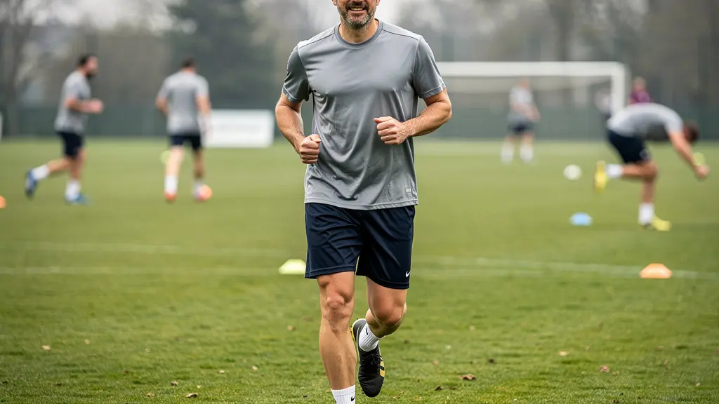 Recreational footballer returning to training on grass pitch after knee injury rehabilitation