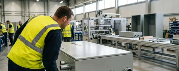 Technician inspecting industrial metal enclosure on manufacturing floor for quality control