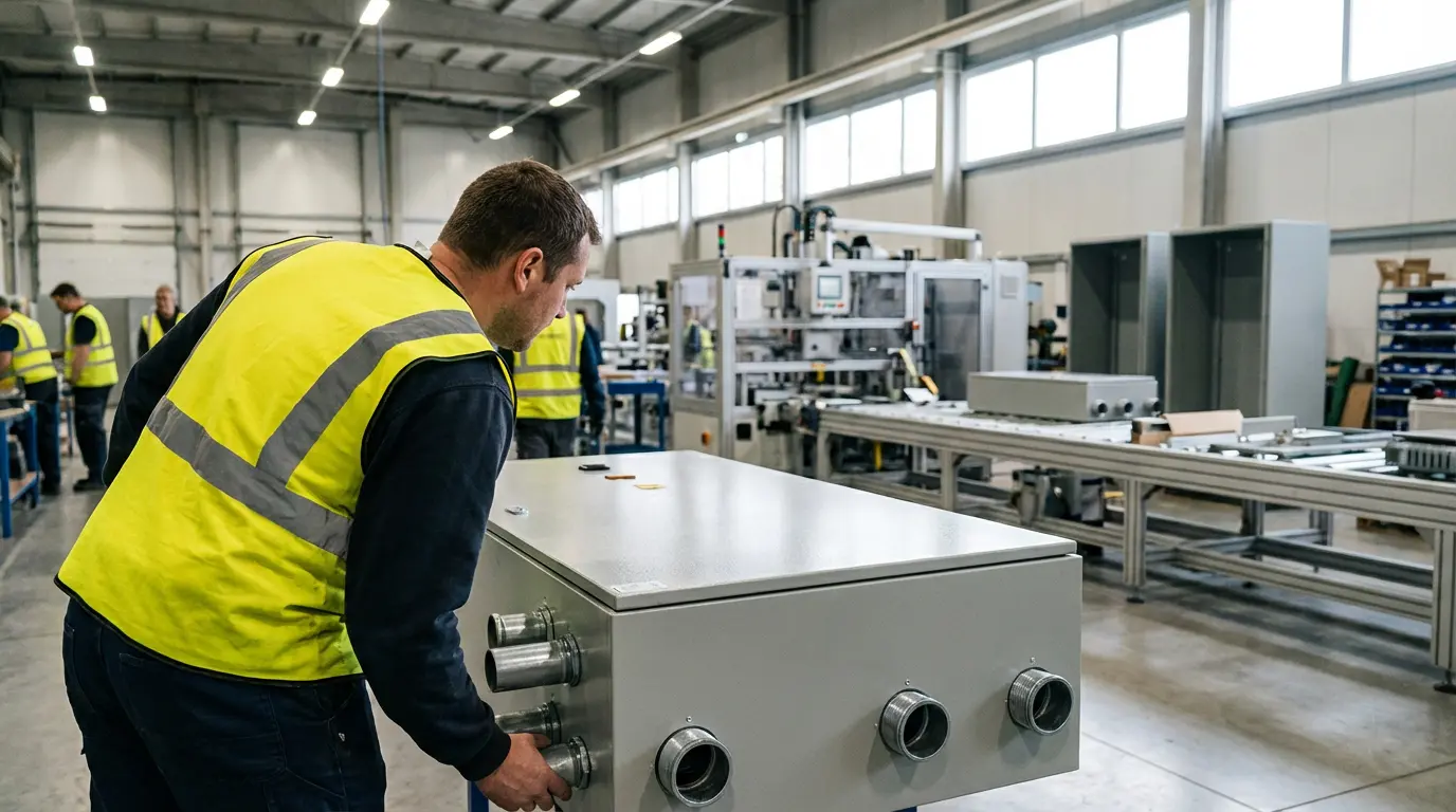 Technician inspecting industrial metal enclosure on manufacturing floor for quality control