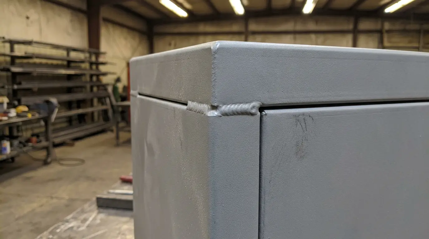 Close detail of precision welding on industrial enclosure corner showing manufacturing quality