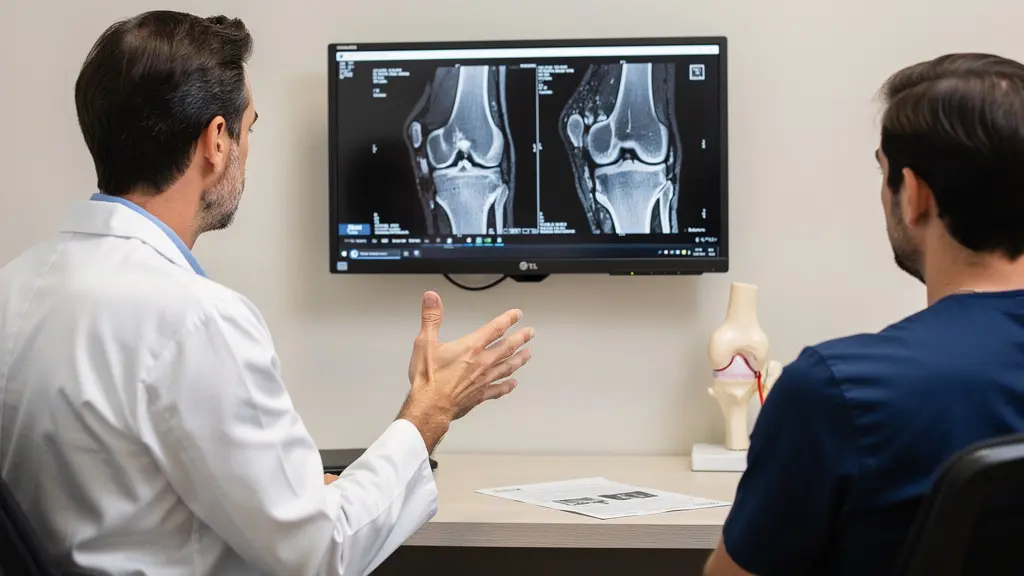 Orthopaedic surgeon explaining knee MRI scan results to patient during consultation