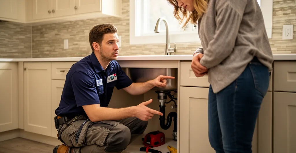 Professional plumber explaining repair options to homeowner in Ontario kitchen