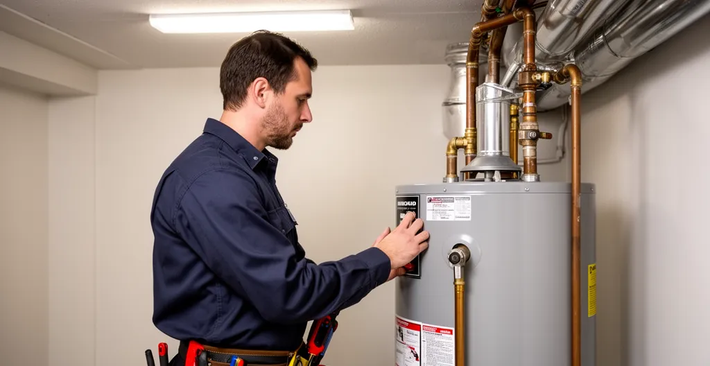 Professional plumber inspecting water heater installation in Ontario basement