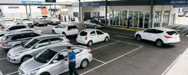 Wide-angle view of active car rental facility showing multiple vehicles being processed simultaneously by staff members with tablets, demonstrating operational coordination complexity in fleet management