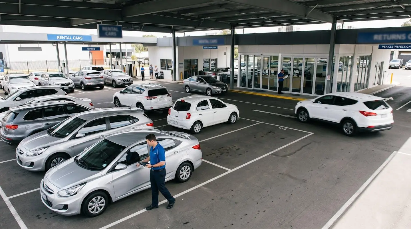 Wide-angle view of active car rental facility showing multiple vehicles being processed simultaneously by staff members with tablets, demonstrating operational coordination complexity in fleet management