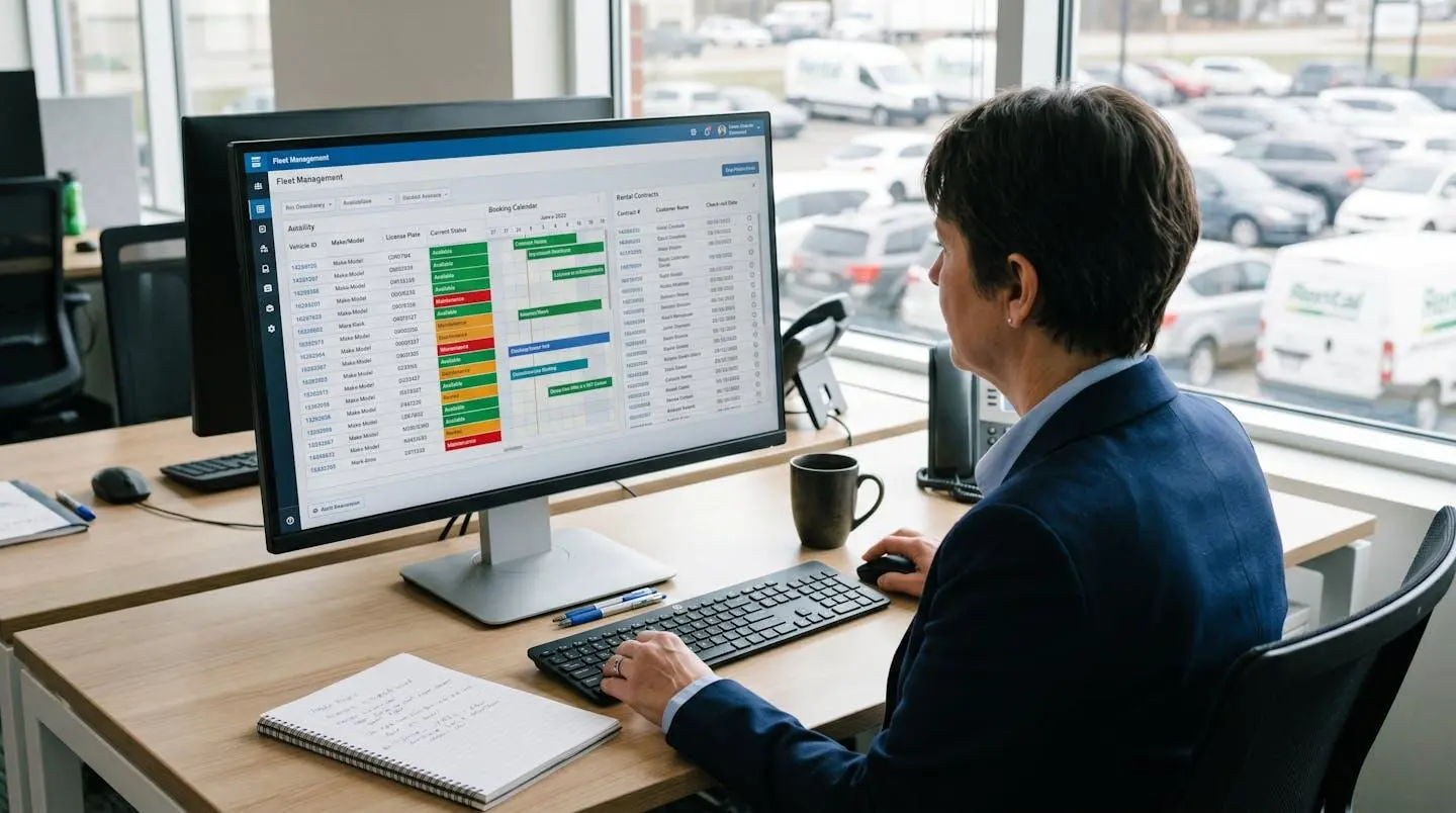 Fleet manager reviewing centralized vehicle availability and booking timeline on fleet management software interface at office workstation with rental facility visible in background
