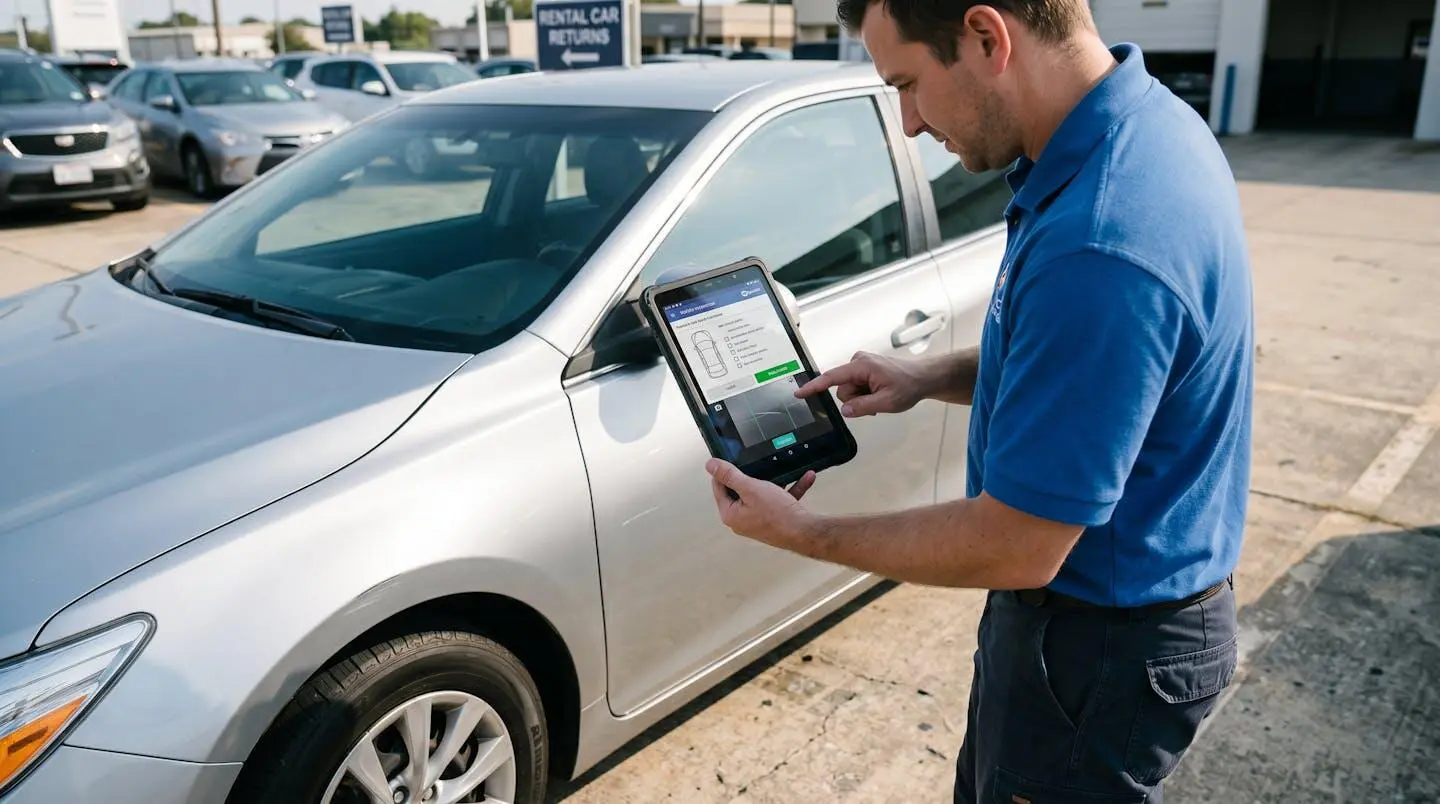 Rental staff member using tablet computer to conduct digital vehicle inspection, photographing exterior and documenting condition in mobile check-in application at outdoor facility