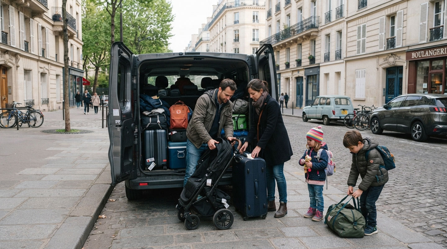 Family loading suitcases and folded stroller into minibus boot in Parisian residential area, with parent organizing luggage while second adult holds young child