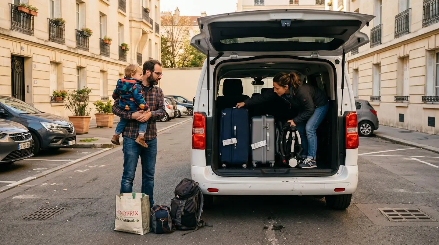Family loading suitcases and folded stroller into minibus boot in Parisian residential area, with parent organizing luggage while second adult holds young child