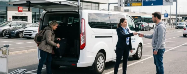 Minibus rental handover at Paris CDG airport with rental agent giving keys to customer while luggage is loaded into open boot, Ibis hotel visible in background