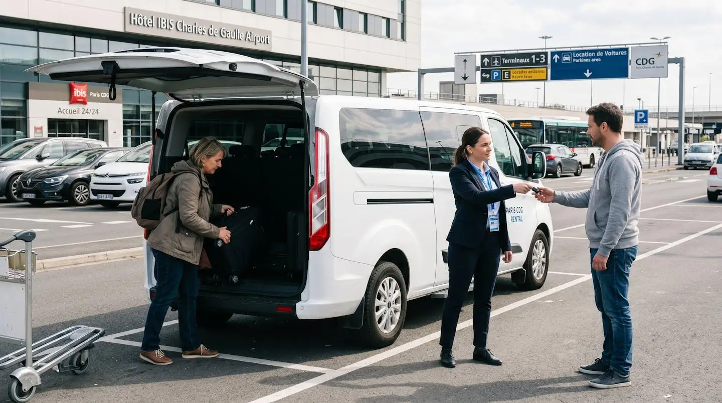 Minibus rental handover at Paris CDG airport with rental agent giving keys to customer while luggage is loaded into open boot, Ibis hotel visible in background