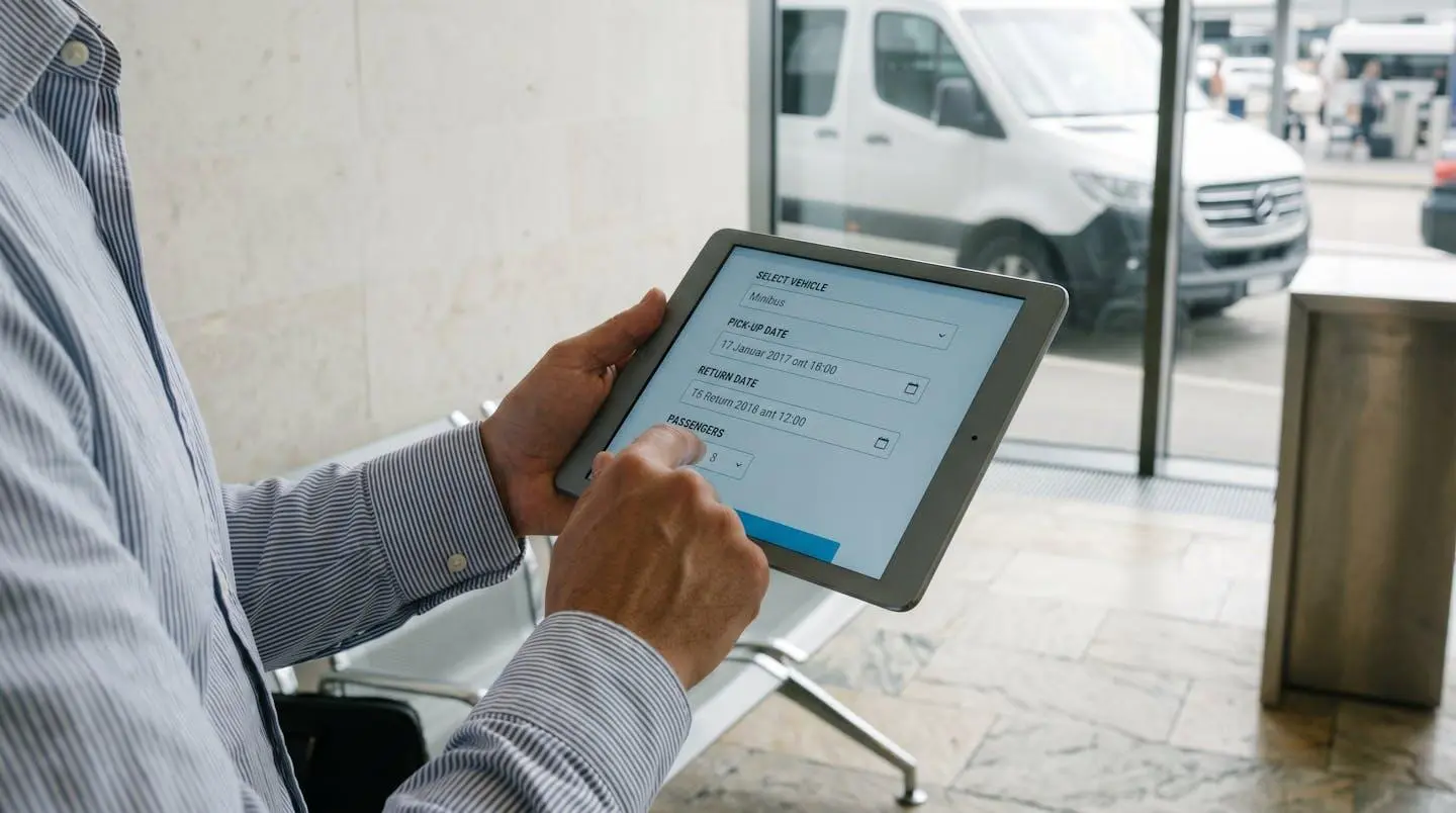 Professional hands holding tablet displaying vehicle rental booking interface in English with minibus visible in soft-focus background through window